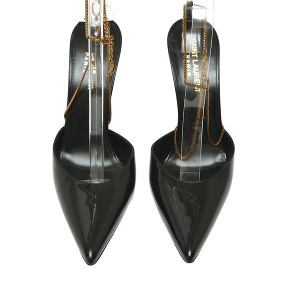 SAINT LAURENT Black Patent Leather Pump CLAW CHAIN YSL Logo Heel Gold Ankle 38.5 - Picture 5 of 10